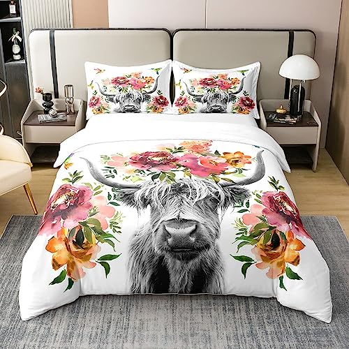 100% Baumwolle Highland Kuh Floral Bettbezug 135x200 Bull Rind Blume Bettwäsche Set Wildlife Farmhouse Kuh Tröster Bezug Kolibri Bett Sets Weiche Ganzjahres Weiße Quilt Cover mit 1 Kissenbezug von Homewish