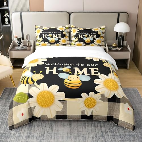 100% Baumwolle Honig Biene 155x220 Tröster Set für Kinder,Frühling Daisy Blumen Bettwäsche für Jungen,Niedliche Bienen Bettdeckeneinsatz,Schwarz Grau Büffel Plaid Daunen Tröster,Natur Floral Bettbezug von Homewish