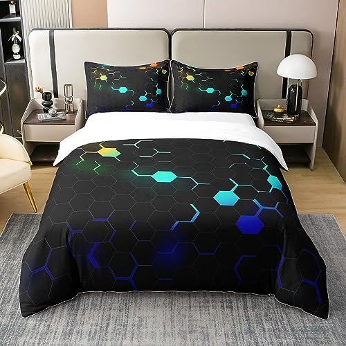 100% Baumwolle Honigwaben Bettbezug 135x200,Hexagon Bienenstock Bettwäsche Set,Neon Licht Honigwaben Tröster Abdeckung,Geometrische Moderne Abstrakte Kunst Bett Sets mit 1 Kissenbezug,Blau Grün von Homewish