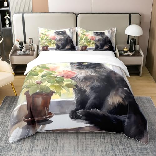 100% Baumwolle Nette Schwarze Katze 155x220 Bettwäsche Set,Kawaii Tier Tröster Abdeckung für Katze Haustier Liebhaber,Rosa Floral Bettbezug,Ölgemälde Stil Bett Set 1 Kissenbezug,Schlafzimmer Dekor von Homewish