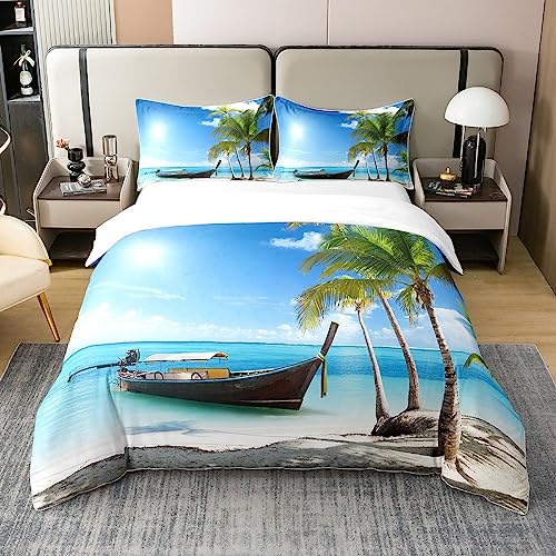 100% Baumwolle Ozean Tröster Abdeckung 135x200,Hawaii Strand Dekor Bettwäsche Set für Kinder Erwachsene,Tropische Plam Baum Bettbezug Sommer Bettwäsche,Retro Segelboot Quilt Cover mit 1 Kissenbezug von Homewish