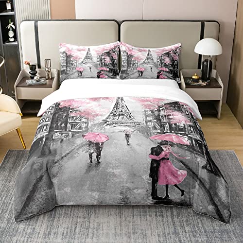 100% Baumwolle Paris Bettbezug 135x200,Rosa und Graue Eiffelturm Bettwäsche Set für Teens Mädchen,Aquarell Kirschblüten Tröster Abdeckung,Romantisches Paar Retro Grau Gebäude Bett mit1 Kissenbezug von Homewish