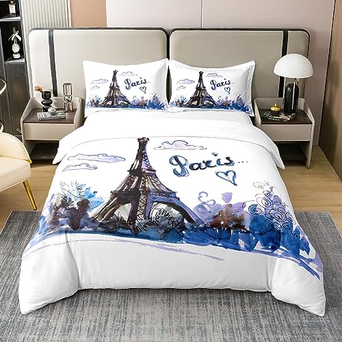 100% Baumwolle Romantische Eiffelturm Bettbezug,Paris Bettwäsche Set 135x200,Valentinstag Blaue Blüten Blumen Tröster Bezug,Jubiläum Bettbezug mit 1 Kissenbezug Schlafzimmer Dekor von Homewish