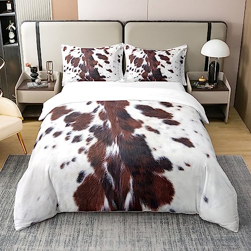 100% Bio-Baumwolle Jungen Mädchen Rindsleder Bettbezug 155x220,Kawaii Kuh Print Bettwäsche Set für Kinder Teens Schlafzimmer Dekor,Schwarz Braune Kuh Spots Tröster Abdeckung Farm Tier Haut Quilt Cover von Homewish