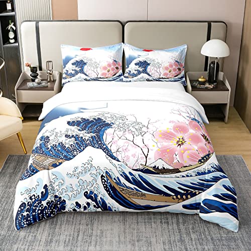 100% Gewaschene Baumwoll Ozeanwellen Bettdecke,Ukiyoe Bettwäsche Set Japanischer Stil 155x220,Rosa Cherry Blossoms Bettdecke,Meeres Nautische Natur Romantische Bett Sets mit1 Kissenbezug von Homewish