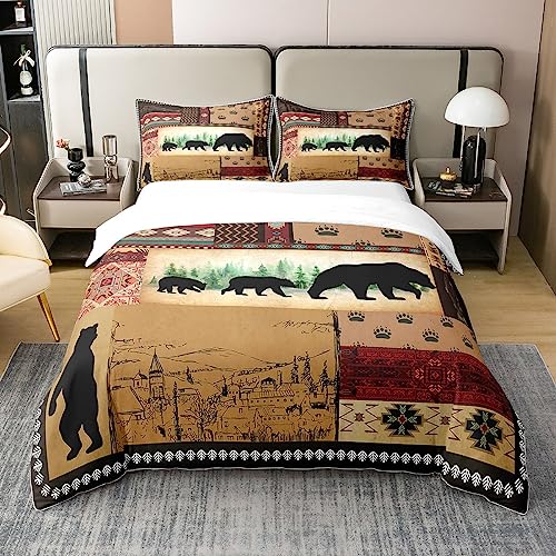 100% Gewaschene Baumwolle Rustikaler Bär Bettbezug 135x200,Southwestern Native Bettwäsche Set,Wildtier Bär Klaue Tröster Bezug,Braune Schwarzbären Silhouette Woodland Farmhouse Camper Quilt Cover von Homewish