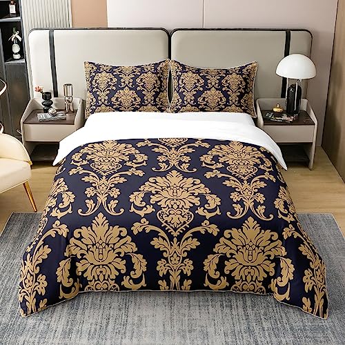 100% Gewaschte Baumwolle Elegante Damast Bettwäsche Set Antike Barock Blumen Tröster Bezug für Teen Jungen Männer Gold und Schwarz Floral Bettbezug Stilvolle Moderne Europäische Tagesdecke 135x200 von Homewish