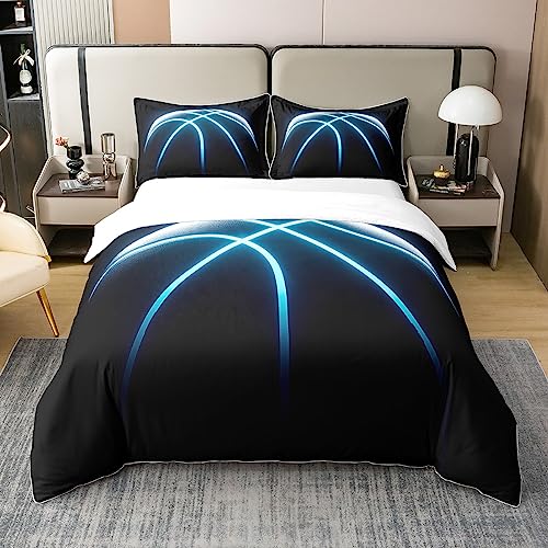 100% Natürliche Baumwolle Basketball Tröster Bezug für Jungen Jungen Sport Spiel Thema Bettbezug 155x220 Blaue Linien Streifen Neon Linien Bettwäsche Set Basketball Court Player Quilt Cover Schwarz von Homewish