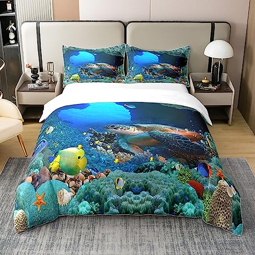 100% Natürliche Baumwolle Meeresschildkröte Bettbezug,3D Schildkröte Bettbezug,Ozean Meerestier Bettwäsche Set 135x200,Unterwasser Oase Quilt Cover,Fisch Reptile Marine Hawaii Bettbezug von Homewish