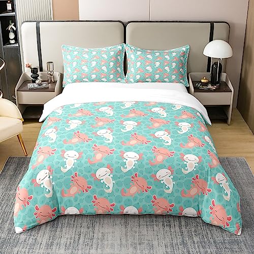 100% Natürliche Baumwolle Nette Axolotl Bettwäsche Set 135x200 Cartoon Axolotl Bettbezug Kawaii Tier Tröster Bezug für Kinder Teens Wildlife Haustier Tier Quilt Cover Schlafzimmer Dekor,Grün von Homewish