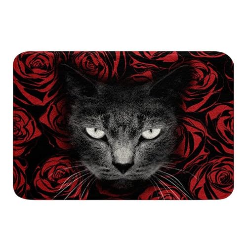 3D Katzen Badteppich rote Rose Badematte romantische Blumen rutschfeste Badeteppiche Jungen Schwarze Katze Plüsch Tiermotiv Duschteppich Jungen Mädchen Männer Frauen Valentinstagsgeschenk,50 x 80 cm von Homewish