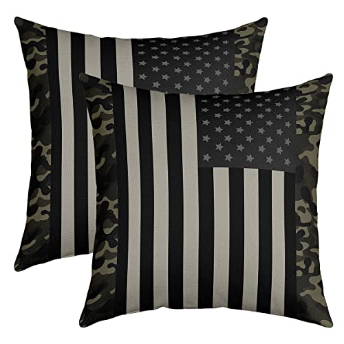 Amerikanische Flagge Kissenbezüge 40x40 Satz von 2,Militär Camo Kissenbezüge für Schlafzimmer Bett,Retro Armee Grün Camouflage USA Flagge Kissenbezüge,Schwarz Grau Sterne Streifen Wurfkissenbezüge von Homewish