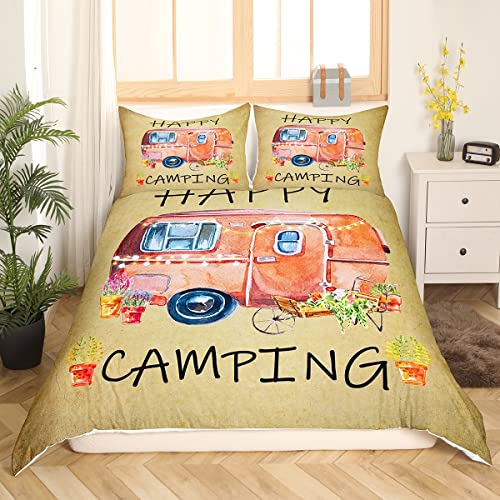 Homewish Aquarell Camper Bettbezug 135 x 200 Happy Camping Bettwäsche Set für Kinder Jungen Mädchen Erwachsene niedlicher rustikaler Bauernhaus Bettbezug Retro Reise Camper Bettbezug Wohnmobil Dekor von Homewish