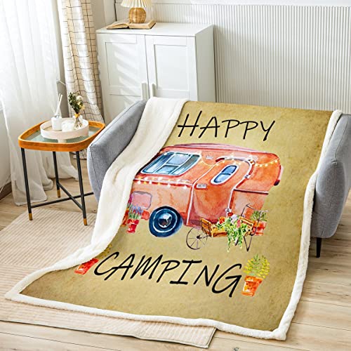 Aquarell Camper Sherpa Decke 130 x 150 Happy Camping Überwurfdecke für Bett Sofa Couch niedliche rustikale Bauernhaus Fleecedecke Retro Reisecamper warme weiche Flauschige Decke von Homewish