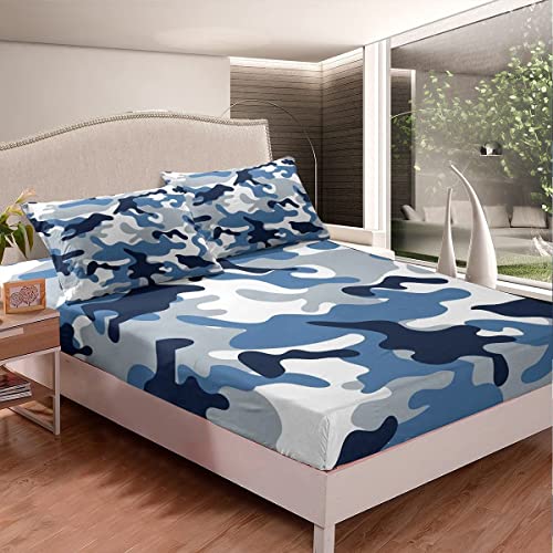 Armee Camouflage Spannbettuch für Jungen Kinder Teenager Camo Bettwäsche-Set 90 x 200 Marine Blau Grau Spannbettlaken Abstrakte Kunst Graffiti Stil Mikrofaser Weiche Bettwäsche mit 1 Kissenbezug von Homewish