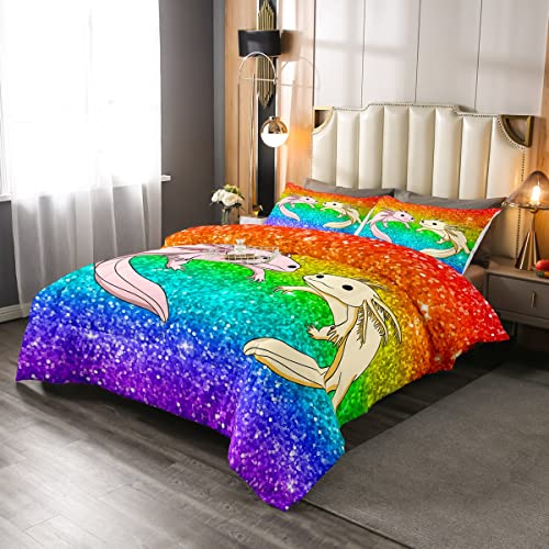 Axolotl Bettwäsche für Kinder 135 x 200 Regenbogen Ombre Glitzer Daunendecke für Mädchen Jungen Teenager Erwachsene Schlafzimmer Galaxy Twinkle Tröster-Set Aquatic Reptile Axolotl Bettbezug,Bunt von Homewish