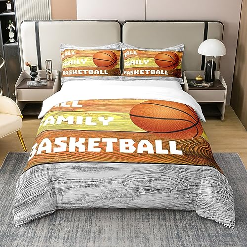 Basketball 100% Baumwolle Bettbezug 135x200 Fall Basketball Bettwäsche Set für Teen Boys Männer Sport Tröster Bezug Rustikales Bauernhaus Holzbrett Thanksgiving Tag Quilt Cover Orange Grau von Homewish