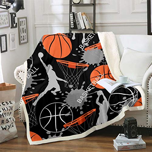 Basketball Sherpa Decke Tie Dye Fleece Decke Mann Springen Schießen Aktion Decke Werfen FÜR Kinder Jugend Teens Jungen Leidenschaftlich Team Sport Fuzzy Decke Sofa Dekor 150×200 Orange Schwarz von Homewish