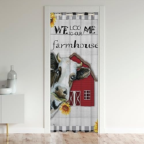 Bauernhaus Theme Tür Vorhang,Rustikale Farm Milch Kuh Tür Vorhang 86x203cm,Land Rindsleder Windmühle Hütte Lodge Sonnenblumen Blackout Vorhang für Kinder,Vintage Holz Plank Fenster Behandlung von Homewish