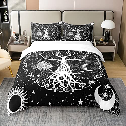 Baum Des Lebens 100% Gewaschene Baumwolle Bettbezug 135x200 Sonne und Mond Tröster Abdeckung,Psychedelic Galaxy Weltraumsterne Bettwäsche Sets Weiche Mikrofaser Bettbezug,Schwarz Weiß Zimmer Dekor von Homewish