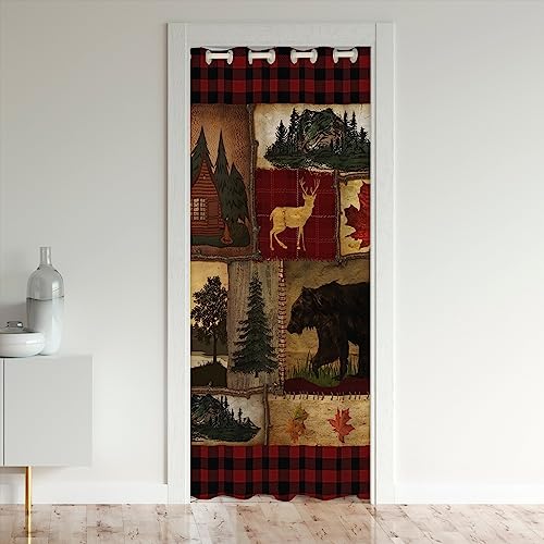 Bear Cabin Plaid Verdunkelung Vorhang,Rustikale Bauernhaus Türvorhang, Jagd Hirsch Tür Drape,Wald Kiefer Baum Schrank Tür Abdeckung Vorhang, Maple Leaf Lodge Dekor Vorhang, Rot Schwarz Braun 86x203cm von Homewish