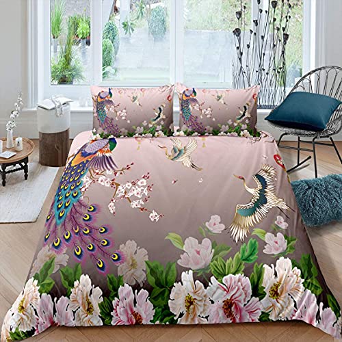 Bettbezug im japanischen Stil Pflaumenblüten Dekor Bettwäsche Set 135x200 Kranich Pfauenfeder Blumenmuster Romantisches Luxus Thema Bettdecken Set,1 Bettbezug mit 1 Kissenbezug von Homewish