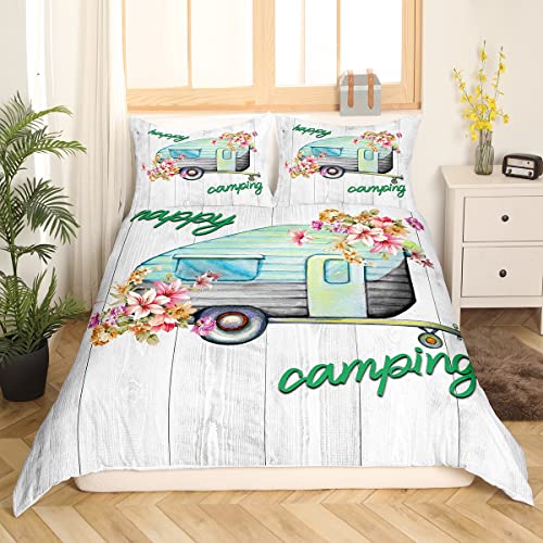 Bettwäsche Set für Mädchen Camper Wohnmobil Blumen 135 x 200 cm rustikales Bauernhaus Thema Bettbezug Camping Dekoration Retro Chic Blume Bettbezug altes Scheunentor Vintage Bettwäsche im Holzstil von Homewish