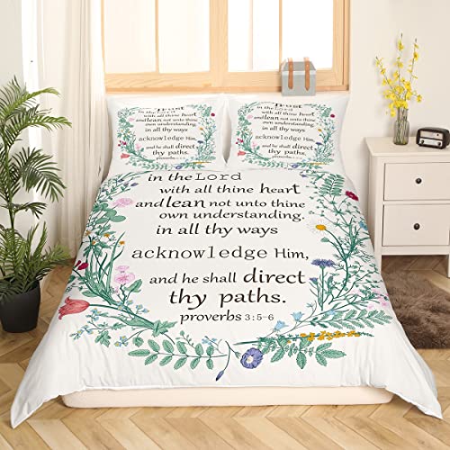 Bibelvers Schrift Bettwäsche Set 135 x 200 inspirierende Zitate Bettbezug für Jungen und Teenager Bettbezug Set mit botanischen Blättern Pflanzenblättern Bettbezug Blumen Unkraut Schlafzimmerdekor von Homewish