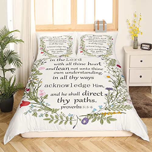 Bibelvers Schrift Bettwäsche Set 135 x 200 inspirierende Zitate Bettbezug für Jungen und Teenager Bettbezug Set mit botanischen Blättern Pflanzenblättern Bettbezug Blumen Unkraut Schlafzimmerdekor von Homewish