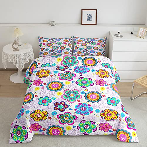 Blumen Bettwäsche 135 x 200 Mädchen Erwachsene 60er Jahre Hippie Blumen Bettbezug Bunte Bohemien Blumen Tröster Set Vintage Blumen 70er Daunendecke Hippie Wohnzimmer Schlafzimmer Wohnheim Zimmerdekor von Homewish