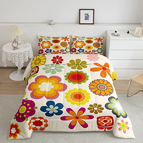 Blumen Bettwäsche 155 x 220 für Mädchen Erwachsene Vintage Hippie Blumen Tröster-Set Bunte Blumen Daunendecke Retro 60er 70er Bohemien Gesteppte Bettdecke Wohnzimmer Schlafzimmer Wohnheim Heimdekor von Homewish