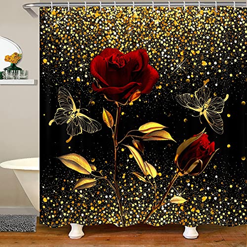 Blumen Schmetterling Duschvorhang, Rote Rose Badevorhang, Glitzer Duschvorhang, Zweig Blätter Blumen Badaccessoires Für Mädchen Kinder Frauen Golden, Bauernhaus Rustikal Chic, Schwarz 180x200 (BxL) von Homewish