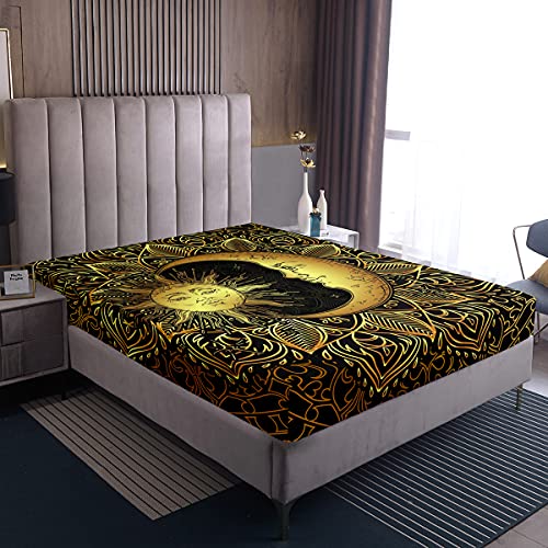 Böhmisches Spannbetttuch-Set 160x200,3D Golden Sonne Und Mond Bedruckte Bettwäsche für Kinder Teenager Mandala-Bettwäsche Dreamcatcher-Bettwäsche, Trippy Boho Hippie Dekor, Schwarz von Homewish