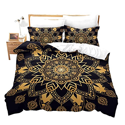 Bohemian Mandala Bettbezug Set 155x220,Schwarz Golden Boho Chic Mandala Bettwäsche Set 3pcs Weiche Mikrofaser Dekorative Gold Mandala Bettdecke mit Reißverschluss,Mandala Blumenbedruckte Bettdecke von Homewish