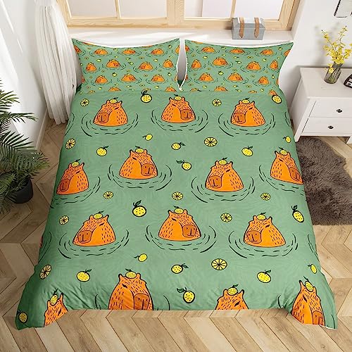 Braun Capybara Bettbezug 135x200 Gelbe Zitrone Bettwäsche Set, Tropische Frucht Tröster Abdeckung Grün Bett Set, Kawaii Nette Tier Bettwäsche Cartoon Raum Dekorationen für Kinder Jungen Mädchen von Homewish