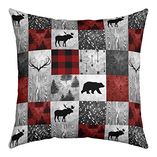 Buffalo Karo Kissenbezug 45 x 45 cm Bär Elch Geweih Hirsch Wildtier Kissenbezug für Stühle Im Freien Retro Kissenbezug Roter Weihnachts Kissenbezug Dekorativer Quadratischer Kissenbezug Aus Holz von Homewish