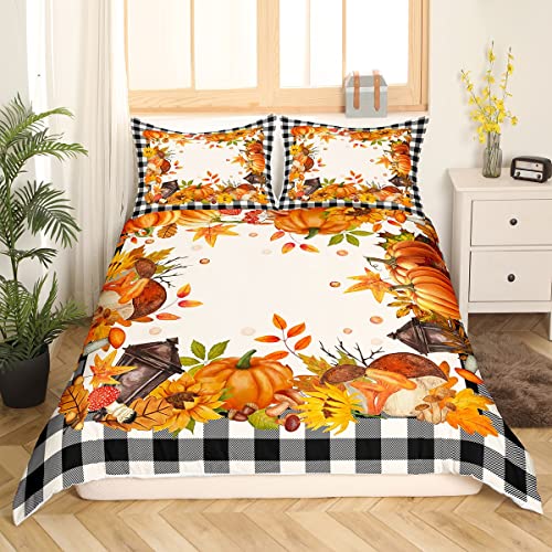 Buffalo Plaid Pumpkins Mushrooms Bettwäsche Set 200 x 200 Vintage Herbst Ernte Bettbezug für Schlafzimmer Herbst Ahornblätter Sonnenblume Bettbezug Thanksgiving Geschenke Bett Set Orange Schwarz Weiß von Homewish