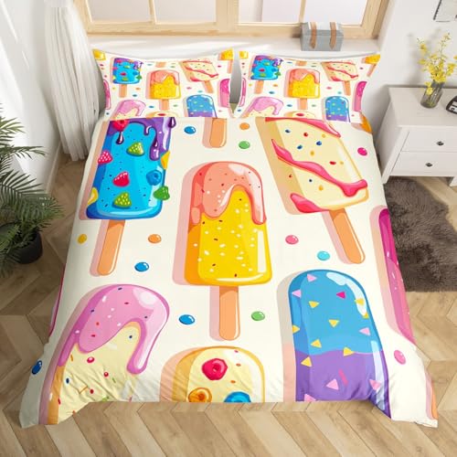 Bunte Ice Cream 135x200 Bettwäsche Set für Kinder Mädchen Jungen,Nette Regenbogen Popsicle Bettbezug Kawaii Zimmer Dekor,Süßigkeiten Dessert Bett Set Aquarell Polka Dot Bettbezug (Kein Tröster) von Homewish
