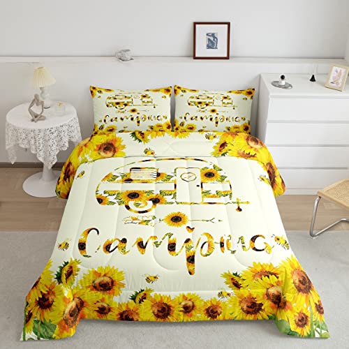 Camper BettwäSche Set Camping Sonnenblumen BettwäSche 155 x 220 Kinder Teenager Jungen MäDchen Rustikaler Bauernhaus Stil Bettbezug Niedliche Biene Gelbe Blume Tröster-Set Kawaii Raumdekor 3 Stück von Homewish