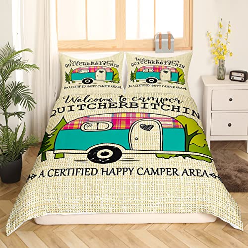 Camper-Bettwäsche-Set, Vintage-Kabine Bettbezug 135 x 200 cm für Kinder Mädchen Camping Bettbezug, Cartoon-Camp Reise Auto Bettbezug Cartoon-Camping-Dekoration rustikale Bettbezug im Landhausstil von Homewish