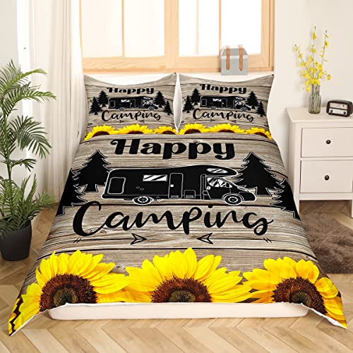 Camper Bettwäsche Set 135 x 200 cm Camping Sonnenblumen Bettbezug rustikaler Bauernhaus Stil Bettbezug für Kinder Jungen Mädchen Teenager Erwachsene Retro Holz altes Scheunentor Bettwäsche Set von Homewish