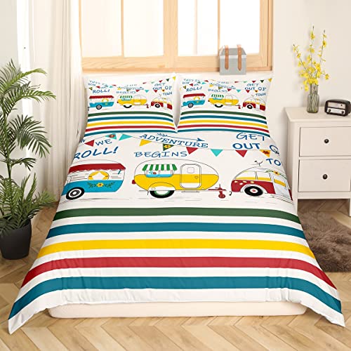 Camper-Bettwäsche-Set 155 x 220 cm für Kinder - Rustikaler Hütten-Camping-Bettbezug, Bunt Gestreift im Landhausstil - Vintage-Holzbrett Glückliche Camping-Dekoration Camper-Bettwäsche-Set 155 x 220 cm für Kinder - Rustikaler Hütten-Camping-Bettbezug, Bunt Gestreift im Landhausstil - Vintage-Holzbrett Glückliche Camping-Dekoration von Homewish