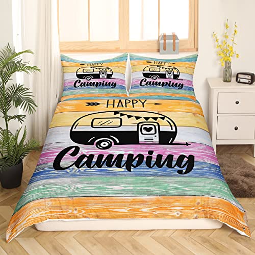 Camper Bettwäsche Set für Jungen Happy Camping Bettbezug 2 teilig rustikaler Bauernhaus Bettbezug für Teenager Skizzenzeichnung Camper Bettsets weicher Mikrofaser,mit 1 Kissenbezug 135 x 200 cm von Homewish