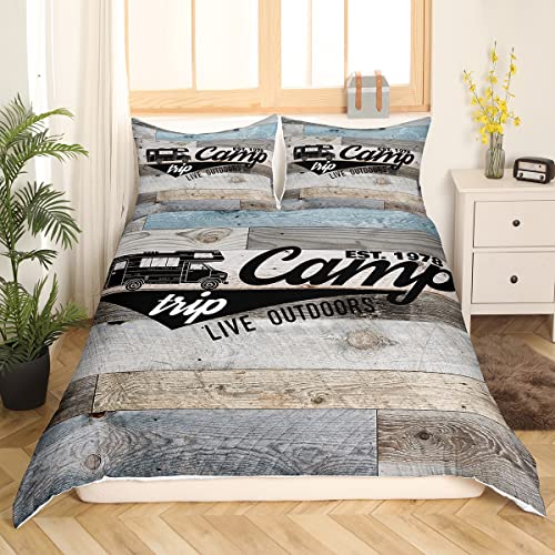 Camping Bettwäsche 2 teilig Erwachsene Teenager Camper Bettwäsche alter hölzerner Scheunentor Bettbezug Vintage rustikaler Bauernhaus Stil Bettbezug Happy Camping Bettwäsche ultraweich, 135 x 200 cm von Homewish
