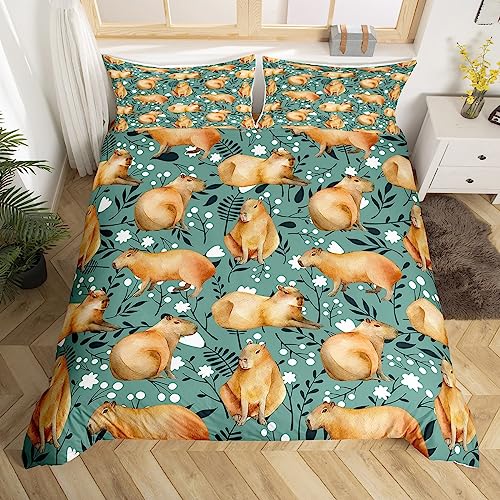 Capybara Bettwäsche-Set für Doppelbett, lustiges Geschenk für Cabybara-Liebhaber, niedlicher Capybara-Blumen-Bettbezug für Jungen, Mädchen, Kinder, Teenager, Cartoon-Nagetier-Bettbezug, von Homewish