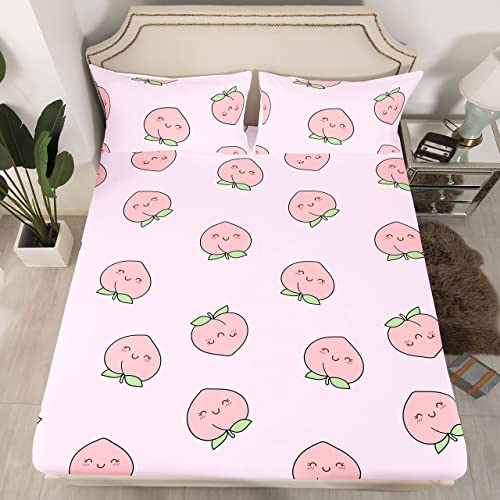 Cartoon Bettwäsche Sets 160 x 200 Kinder Pink Pfirsich Spannbettlaken Jungen Kawaii Bettlaken Mädchen Schöne Pfirsich Spannbettlaken Süße Früchte Bettwäsche Tropische Pflanzen Bettwäsche Raumdekor von Homewish