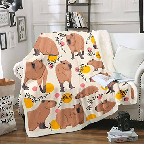 Homewish Cartoon Capybara Decke 100x130 für Kinder,Nette Braune Capybaras Fleece Decke für Teens Jungen Mädchen Zimmer Dekor,Lustige Doodle Pflanzen Dots Design Decke Werfen Mikrofaser Weiche von Homewish