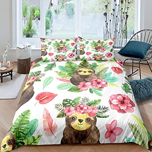 Cartoon Faultier Bettbezug Kawaii Faultier Trösterbezug Palmblatt Kirschblüte Monstera Bettwäsche Set Hawaiian Tropical Leaf Tier Bettbezug für Kinder Jungen Mädchen,2 Stücke 135X200 von Homewish
