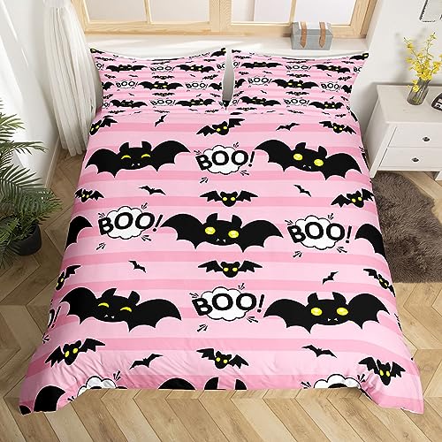 Cartoon Fledermaus Bettbezug 135x200,Halloween Thema Bettwäsche Set,Rosa Geometrische Gestreifte Tröster Abdeckung,Halloween Dekorationen Bett Sets mit 1 Kissenbezug für Nacht Party Zipper&Krawatten von Homewish