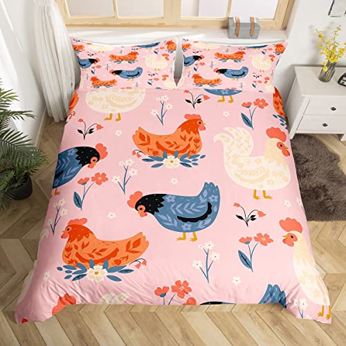 Cartoon Huhn Bettbezug für Kinder Jungen Mädchen,Lovley Hahn Bettwäsche Set,Rustikale Land Blume Blätter Tröster Abdeckung, Bauernhaus Nette Tier Bett Sets mit 1 Kissenbezug Schlafzimmer Dekor,135x200 von Homewish